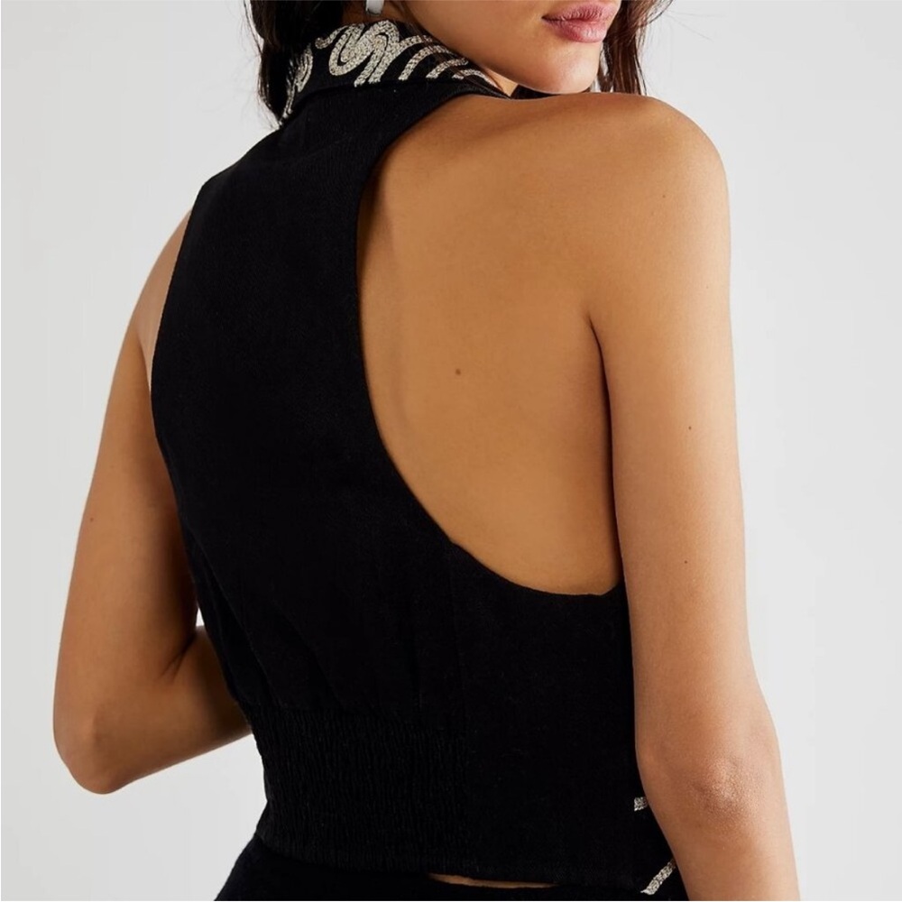 Free People Head West Black Silver Embroidered Halter Sleeveless Vest Top S NWOT - Picture 4 of 13